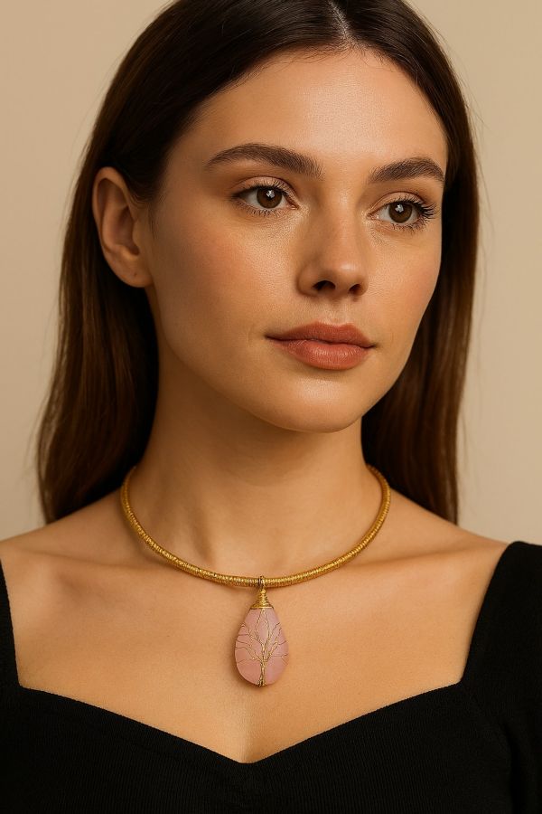 Collana Albero della Vita in Capim Dourado con QuarzoRosa