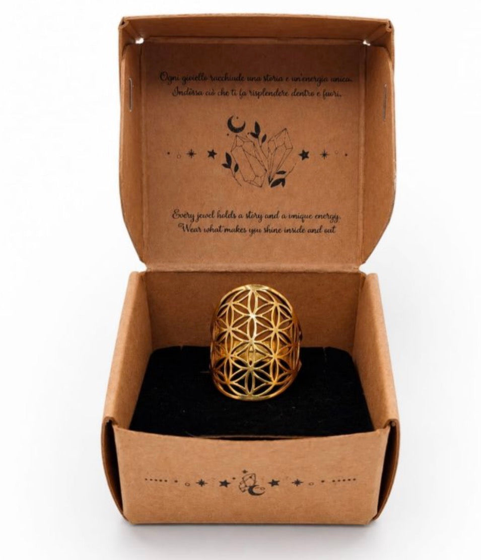 Anello in acciaio dorato regolabile con Fiore della vita