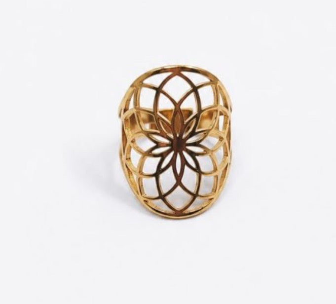 Anello in acciaio dorato regolabile Fiore della vita