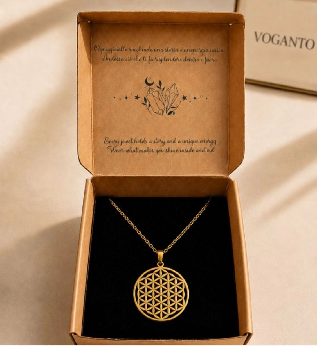 Collana in acciaio dorata con ciondolo Fiore della Vita