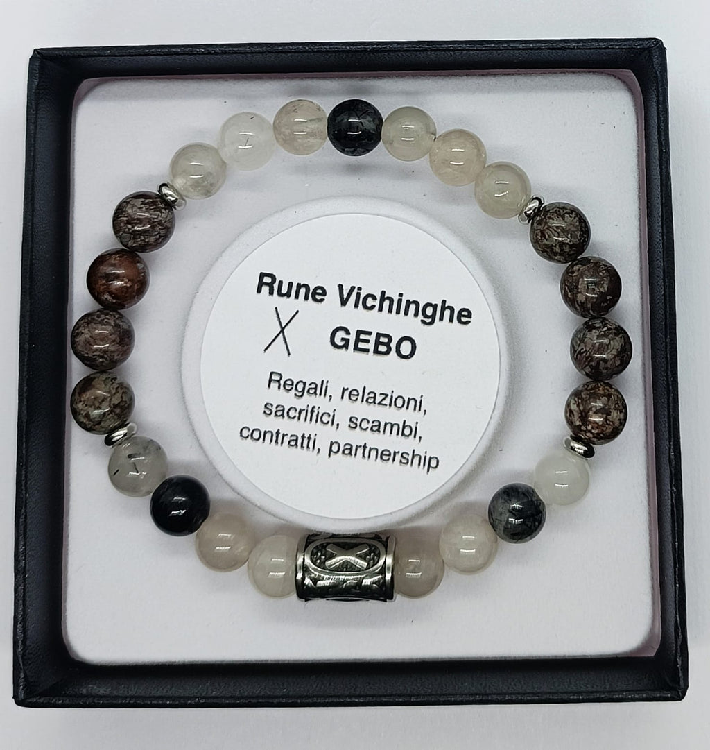 Bracciale rune GEBO Quarzo tormalinato e Diaspro alabastro