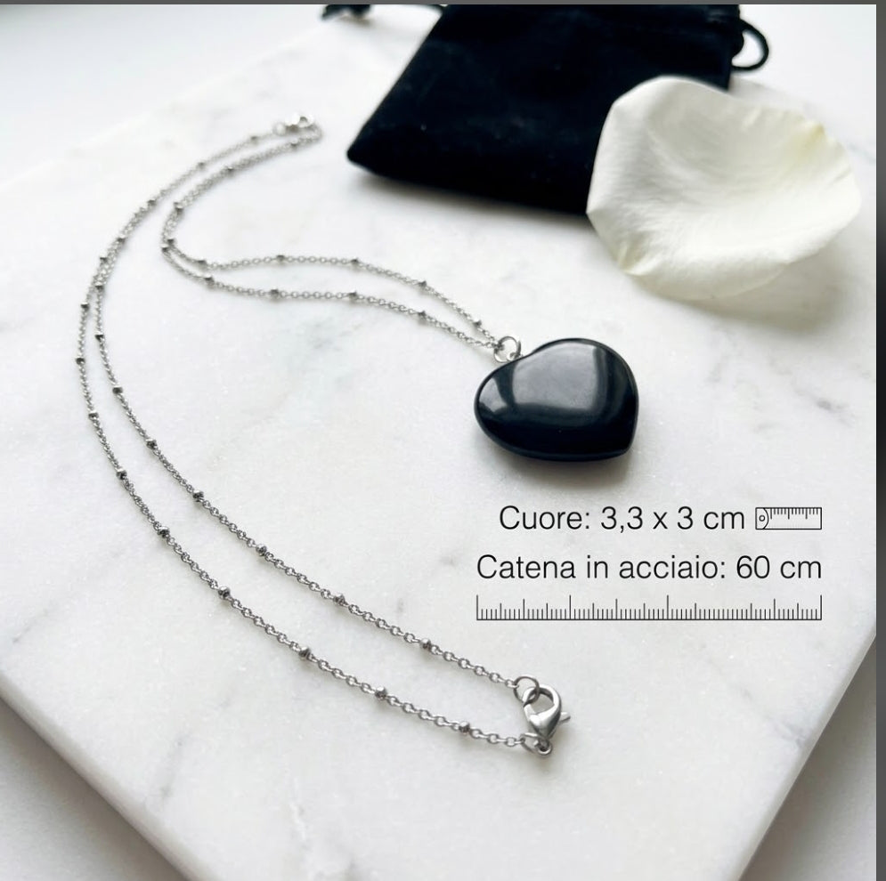 Collana con Pendente a Cuore in Ossidiana Nera e Catena in Acciaio Inox (60 cm)