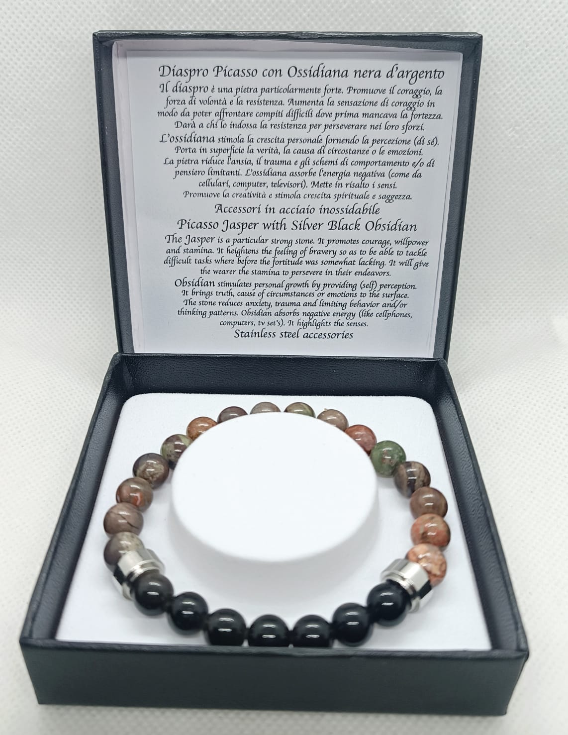 Bracciale in diaspro Picasso con ossidiana nera d'argento