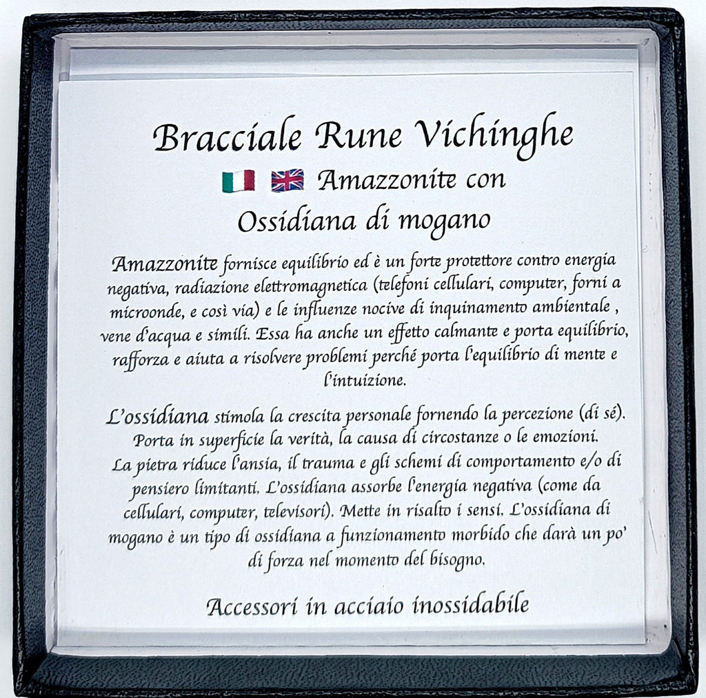 Bracciale Rune Vichinghe Amazzonite e Ossidiana Mogano