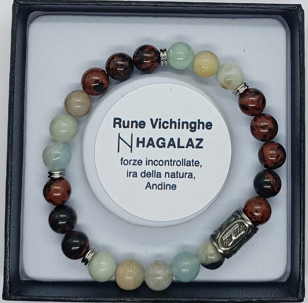 Bracciale Rune Vichinghe Amazzonite e Ossidiana Mogano